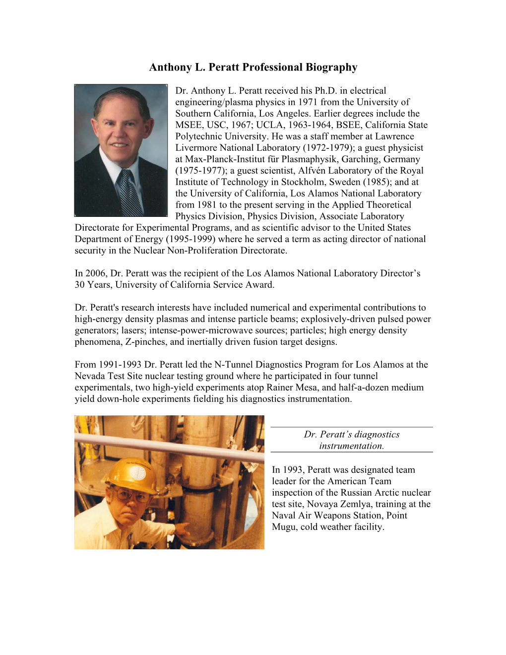 Anthony L. Peratt Professional Biography