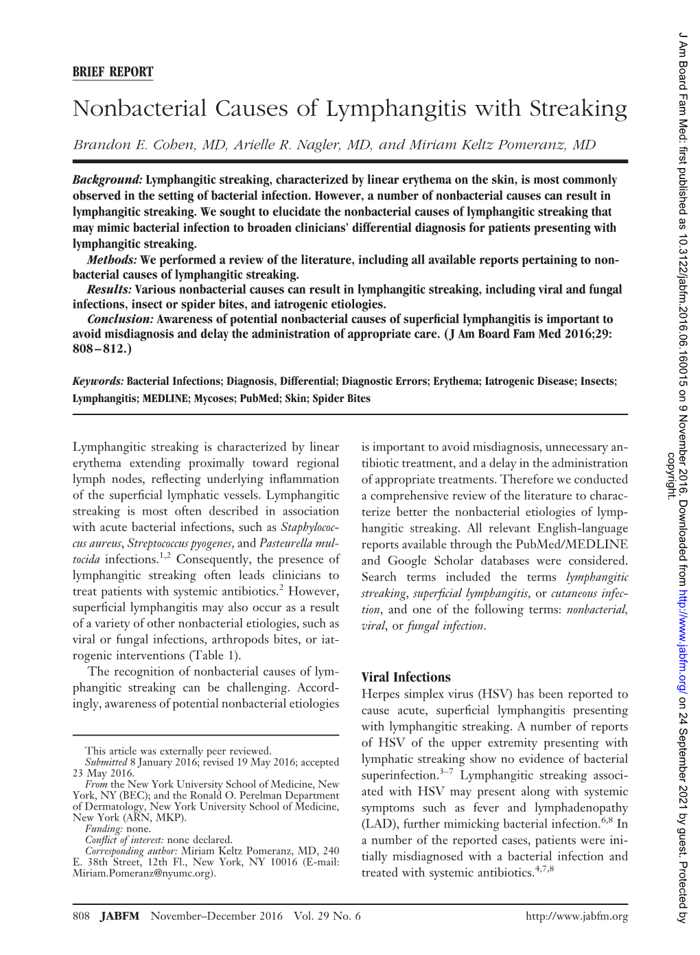 Nonbacterial Causes of Lymphangitis with Streaking