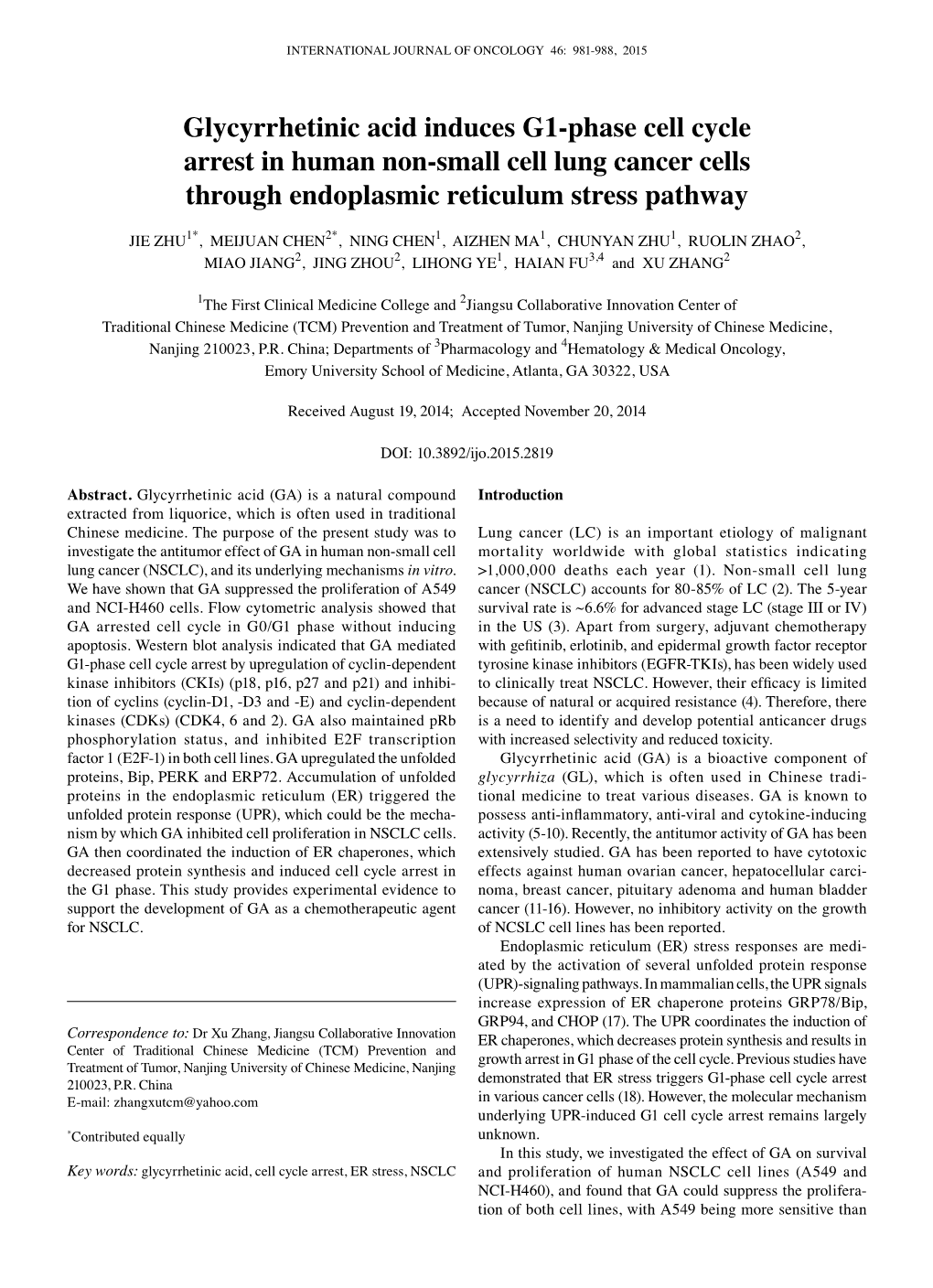 Glycyrrhetinic Acid Induces G1‑Phase Cell Cycle Arrest in Human Non‑Small Cell Lung Cancer Cells Through Endoplasmic Reticulum Stress Pathway