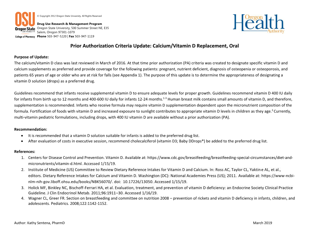 Calcium/Vitamin D Replacement, Oral