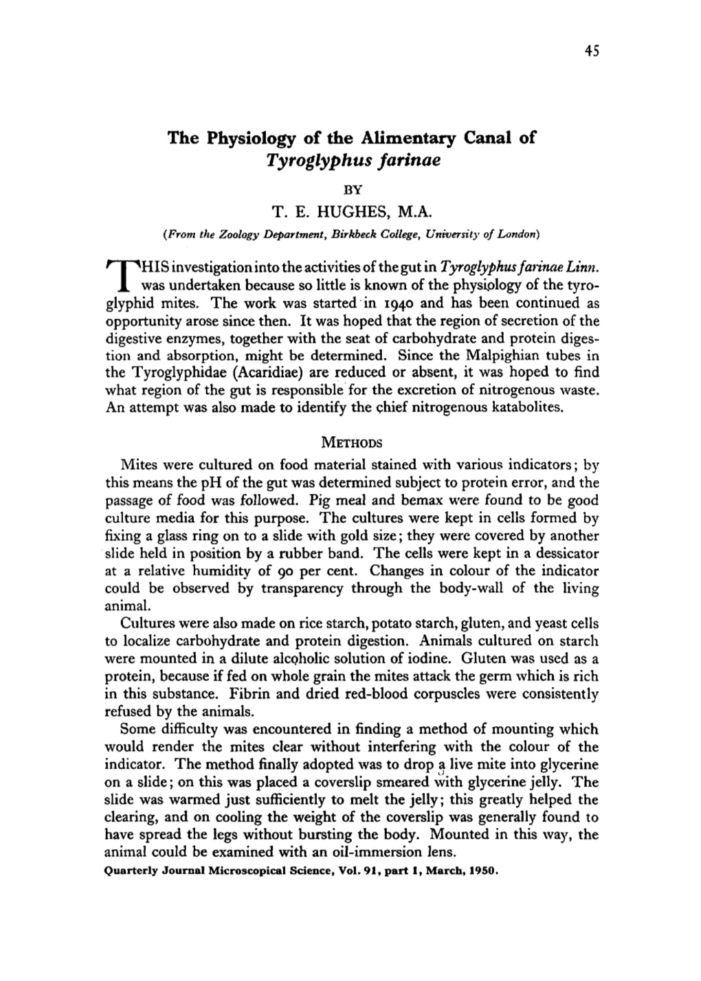 The Physiology of the Alimentary Canal of Tyroglyphus Farinae