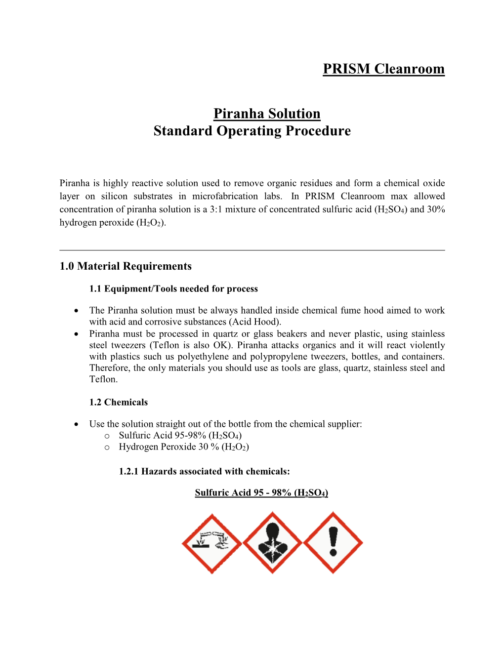 PRISM Cleanroom Piranha Solution Standard Operating Procedure