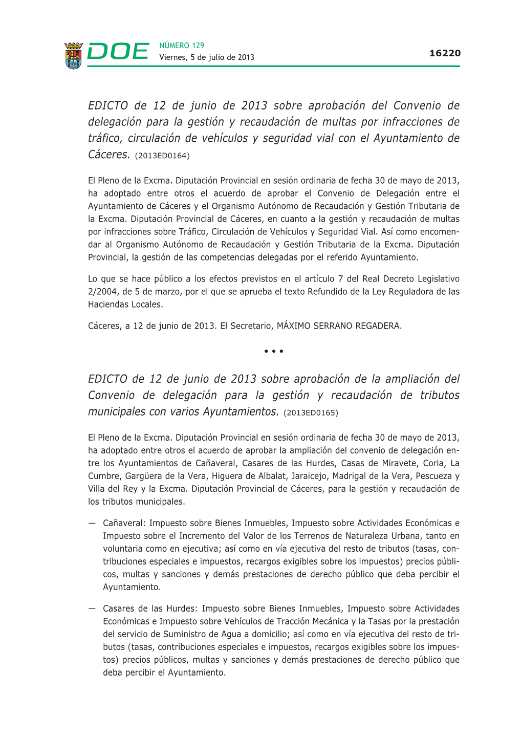 EDICTO De 12 De Junio De 2013 Sobre Aprobación Del Convenio De