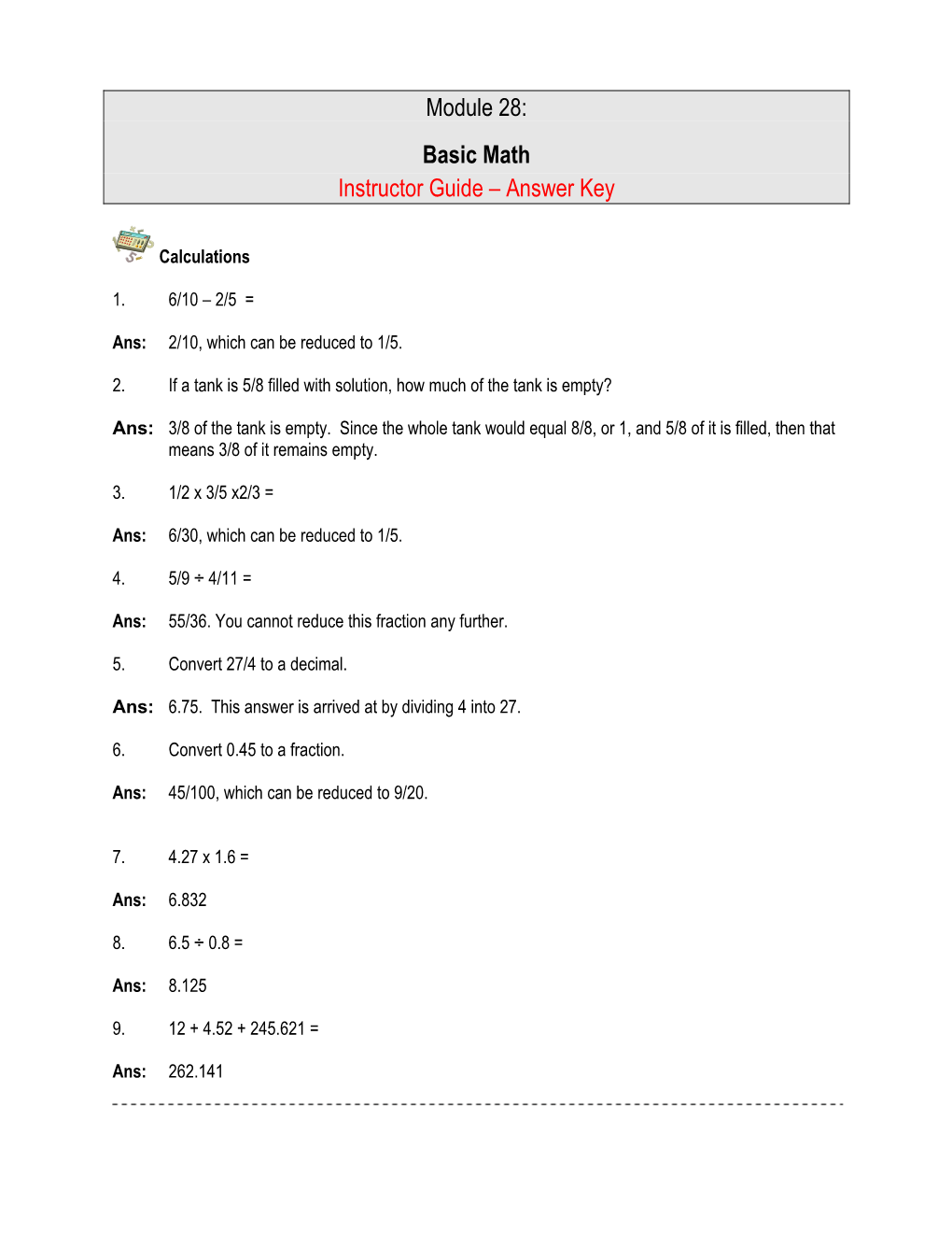 Module 28: Basic Math Instructor Guide – Answer Key