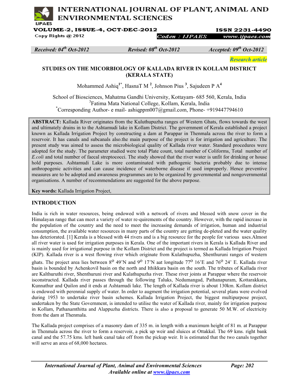 Studies on the Micorbiology of Kallada River in Kollam District (Kerala State)