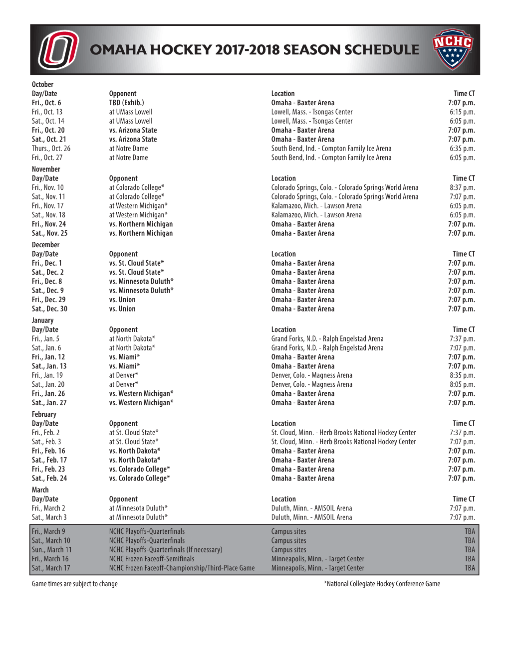 Omaha Hockey 2017-2018 Season Schedule