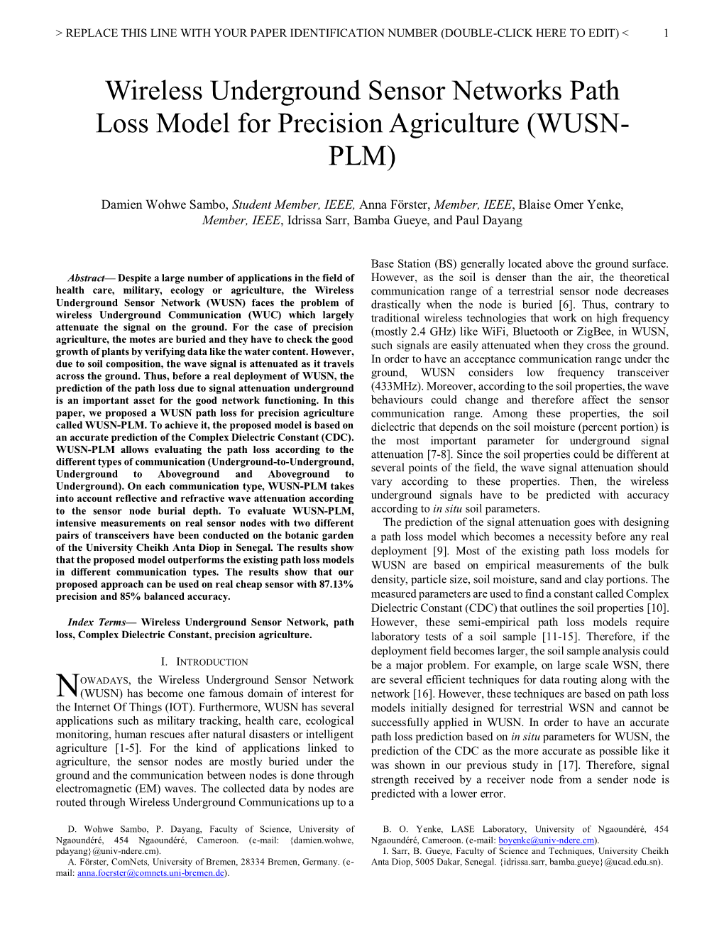 Wireless Underground Sensor Networks Path Loss Model for Precision Agriculture (WUSN- PLM)