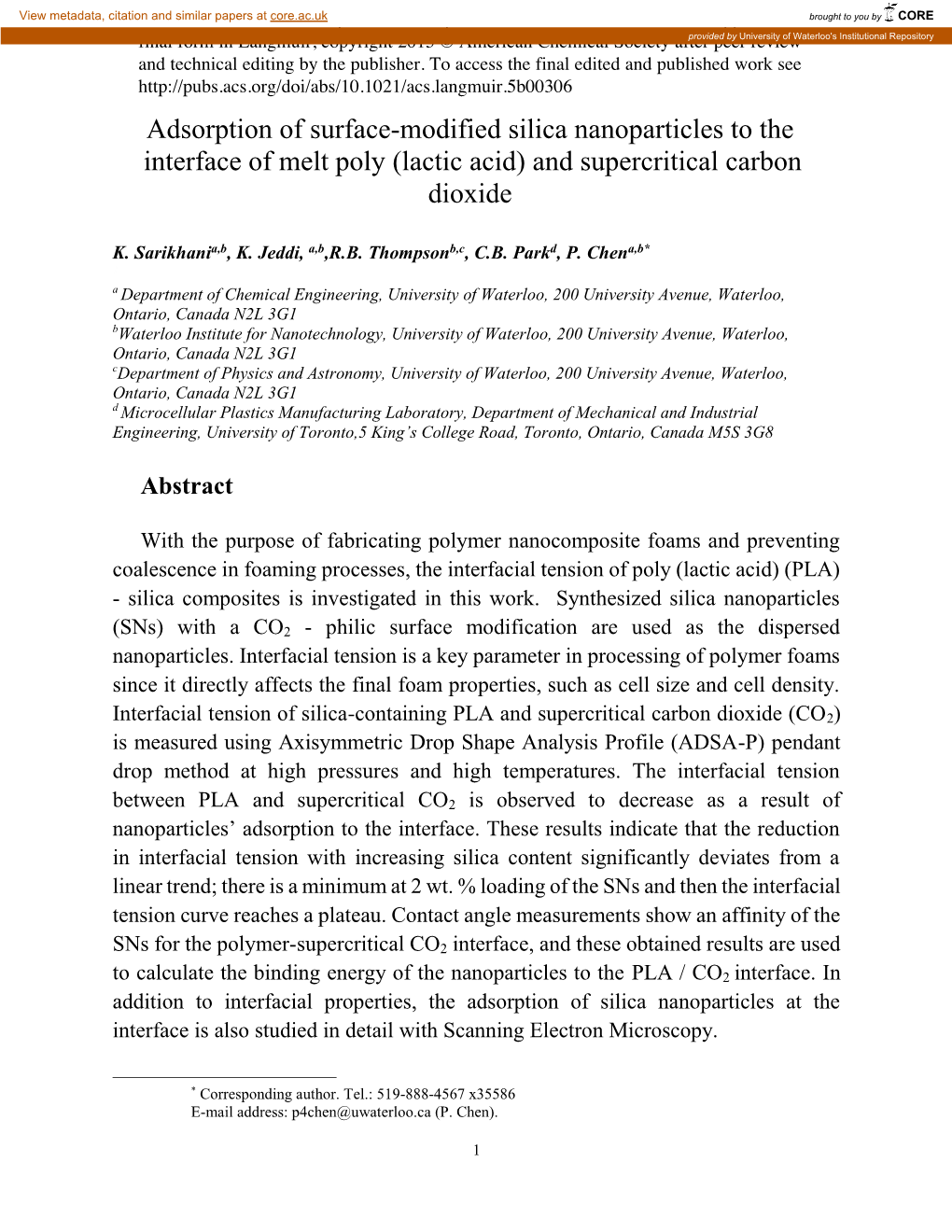 Adsorption of Surface-Modified Silica Nanoparticles to the Interface of Melt Poly (Lactic Acid) and Supercritical Carbon Dioxide