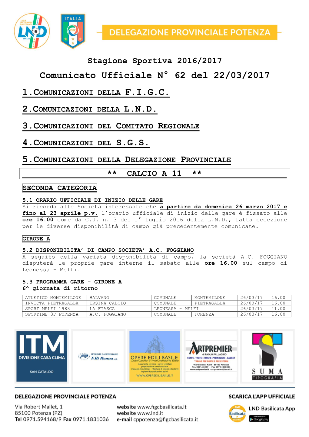 Comunicato Ufficiale N° 62 Del 22/03/2017