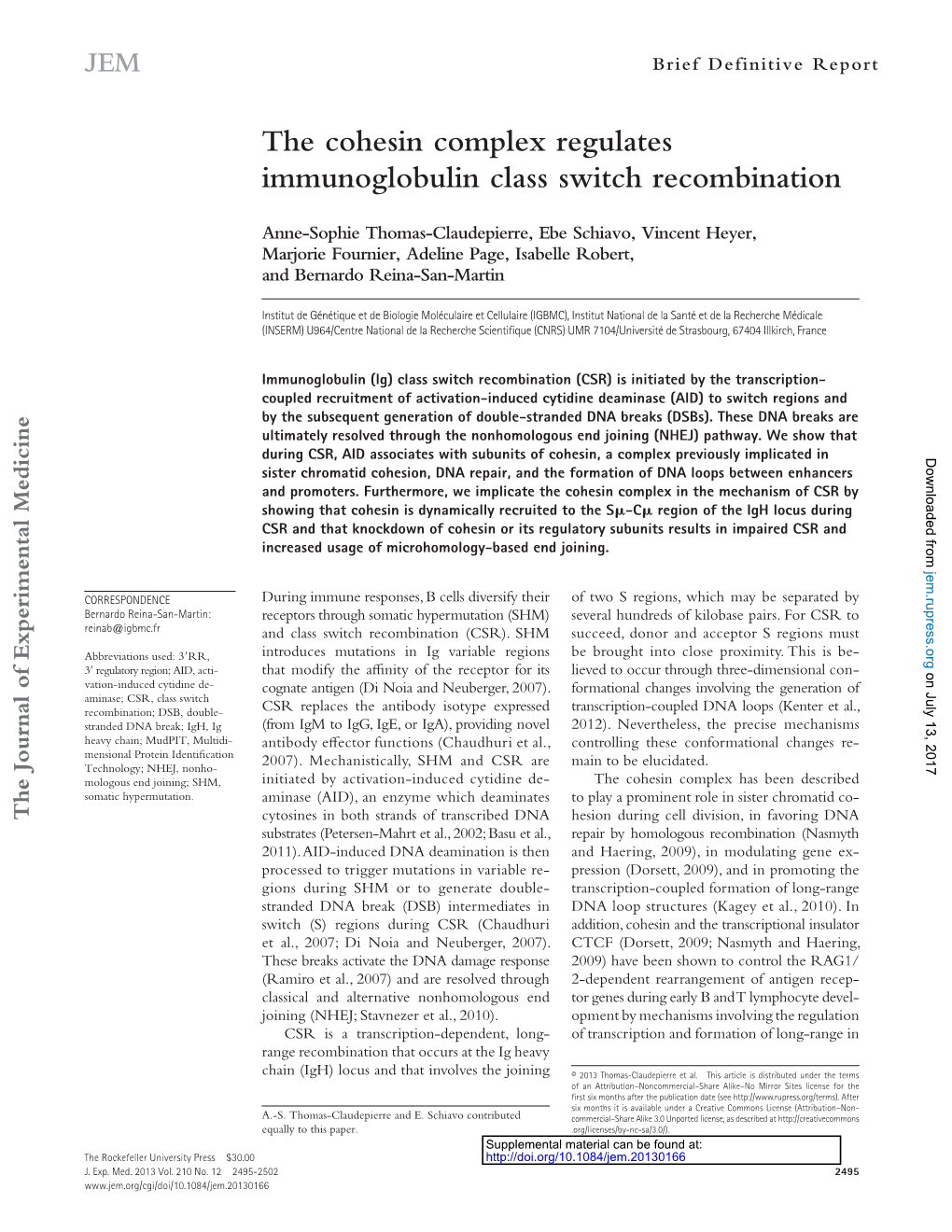 The Cohesin Complex Regulates Immunoglobulin Class Switch Recombination