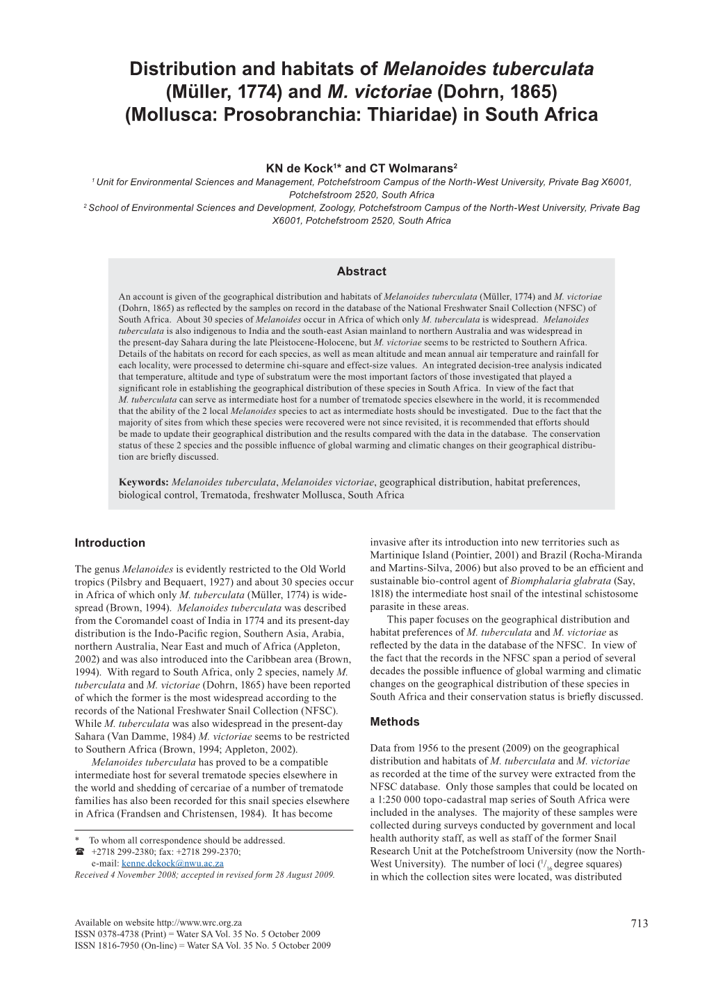 Distribution and Habitats of Melanoides Tuberculata (Müller, 1774) and M