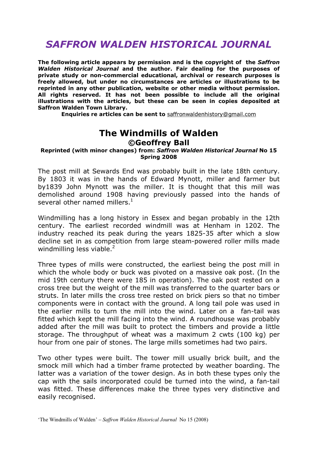 The Windmills of Walden ©Geoffrey Ball Reprinted (With Minor Changes) From: Saffron Walden Historical Journal No 15 Spring 2008