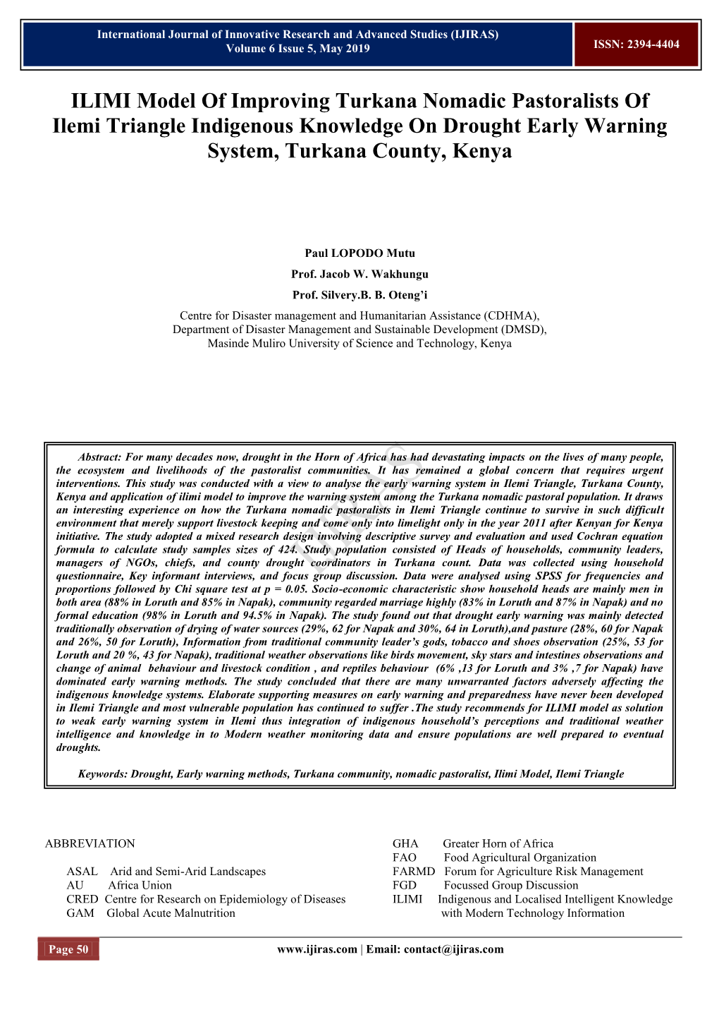 ILIMI Model of Improving Turkana Nomadic Pastoralists of Ilemi Triangle Indigenous Knowledge on Drought Early Warning System, Turkana County, Kenya