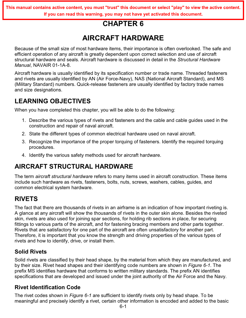 CHAPTER 6 AIRCRAFT HARDWARE Because of the Small Size of Most Hardware Items, Their Importance Is Often Overlooked