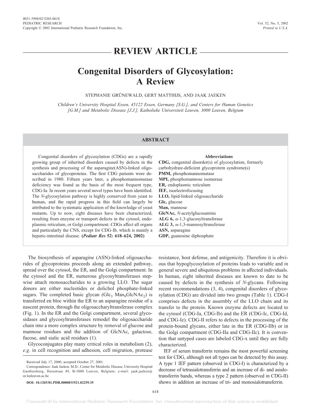 REVIEW ARTICLE Congenital Disorders of Glycosylation