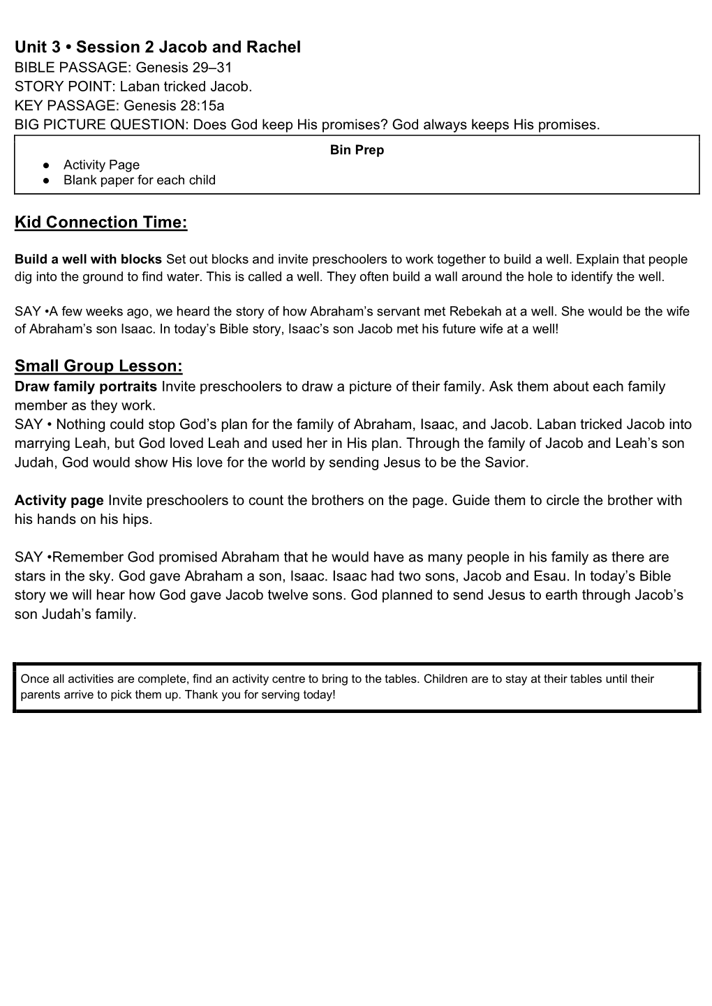 Unit 3 • Session 2 Jacob and Rachel Kid Connection Time: Small Group