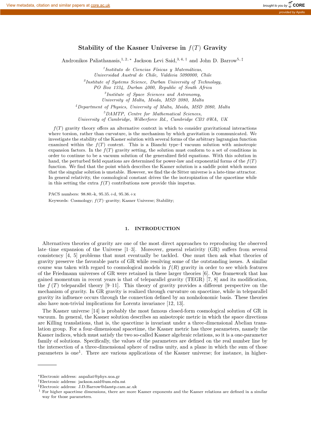 Stability of the Kasner Universe in F(T) Gravity