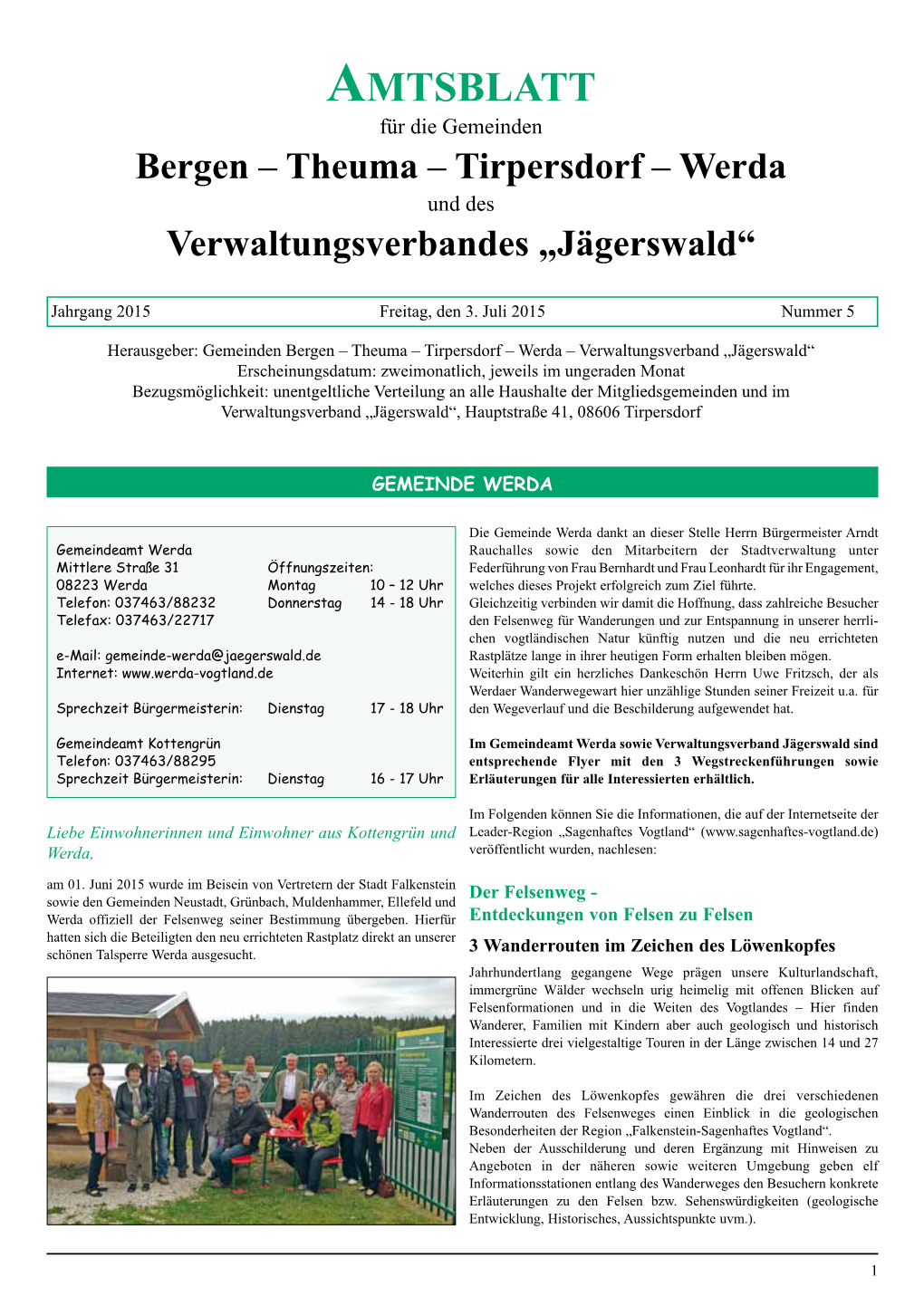 Amtsblatt Für Die Gemeinden Bergen – Theuma – Tirpersdorf – Werda Und Des Verwaltungsverbandes „Jägerswald“