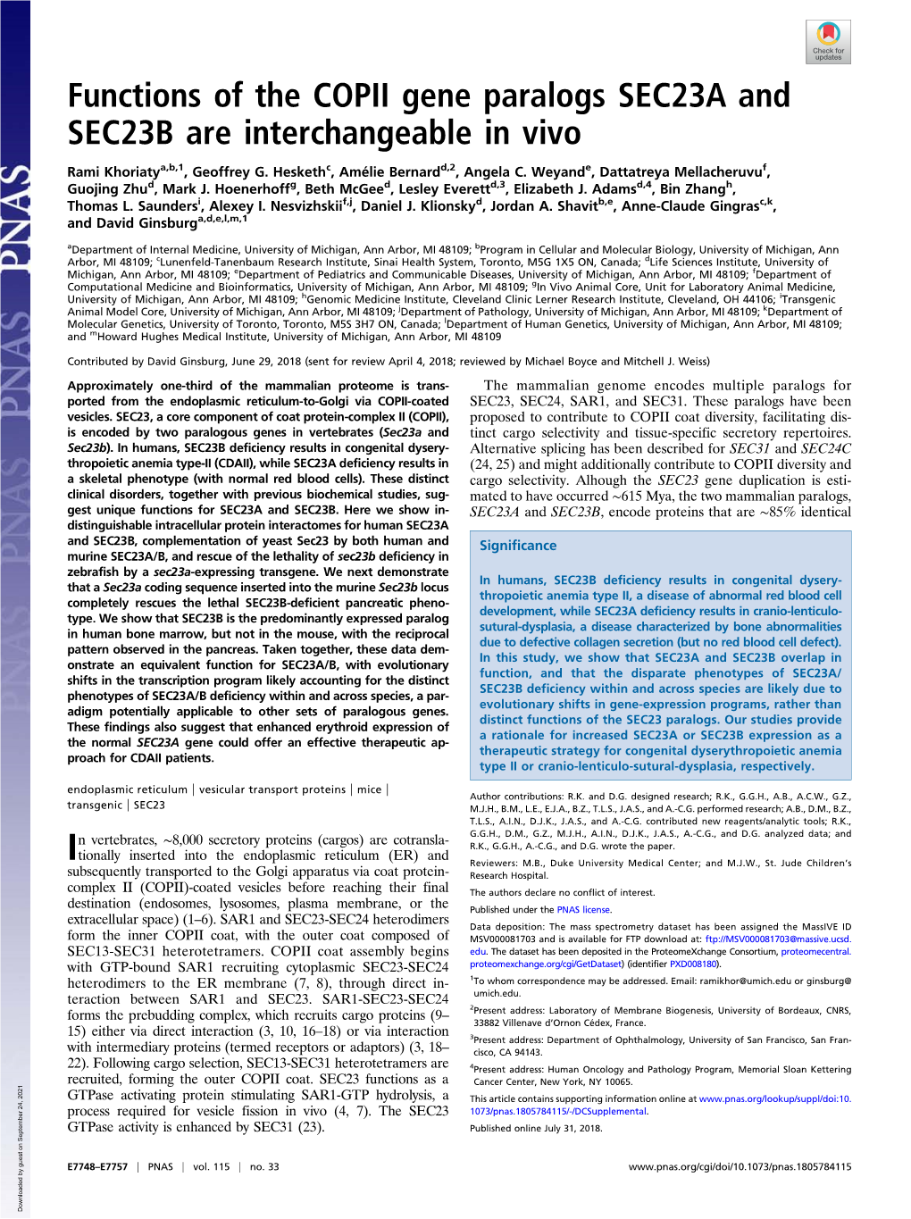 Functions of the COPII Gene Paralogs SEC23A and SEC23B Are Interchangeable in Vivo