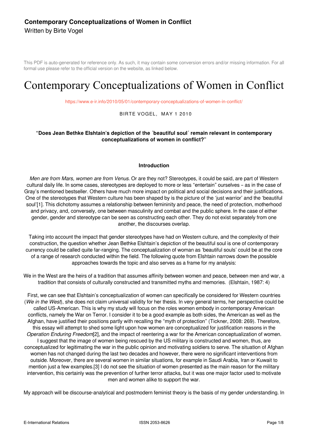 Contemporary Conceptualizations of Women in Conflict Written by Birte Vogel