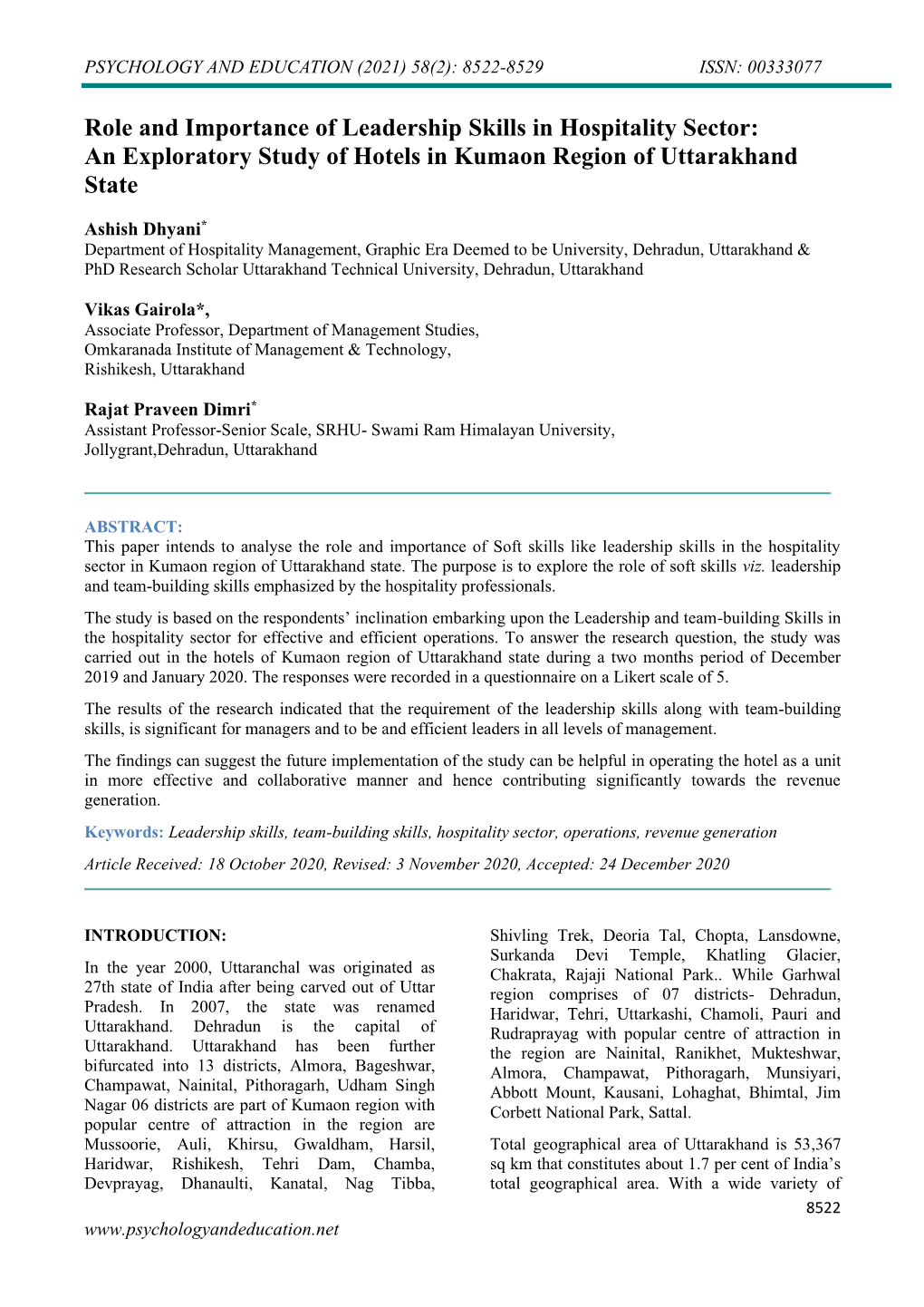 Role and Importance of Leadership Skills in Hospitality Sector: an Exploratory Study of Hotels in Kumaon Region of Uttarakhand State