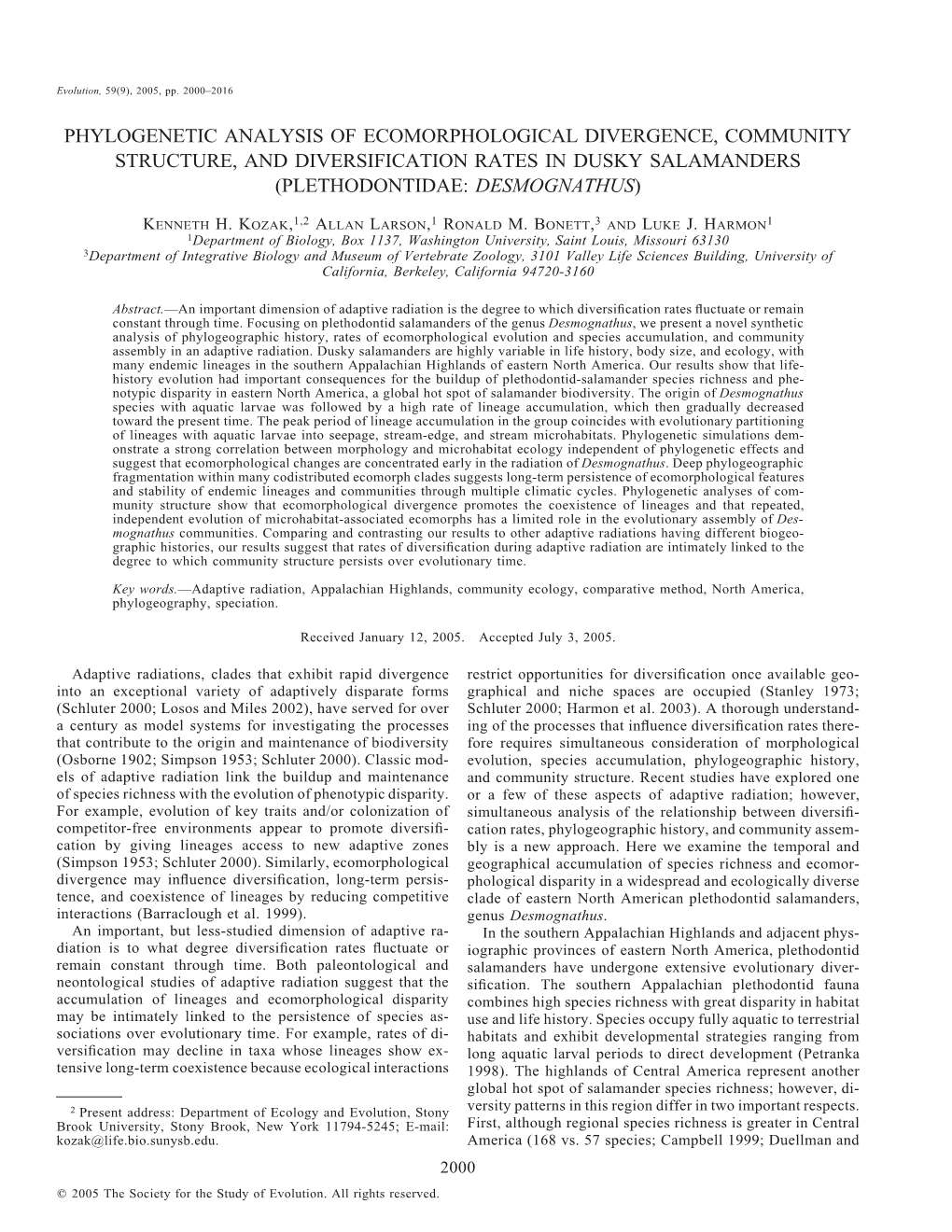 Phylogenetic Analysis of Ecomorphological Divergence, Community Structure, and Diversification Rates in Dusky Salamanders (Plethodontidae: Desmognathus)