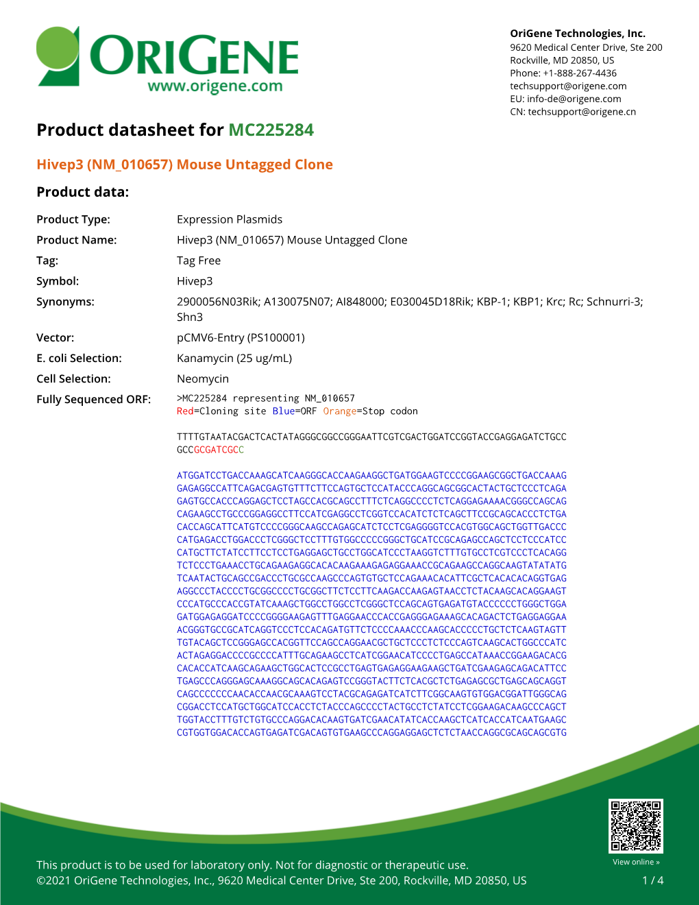 Hivep3 (NM 010657) Mouse Untagged Clone – MC225284 | Origene