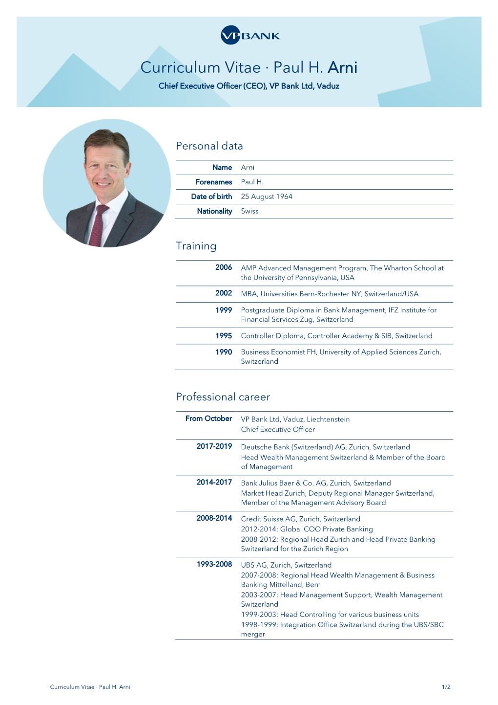 Curriculum Vitae (CV) Paul H. Arni