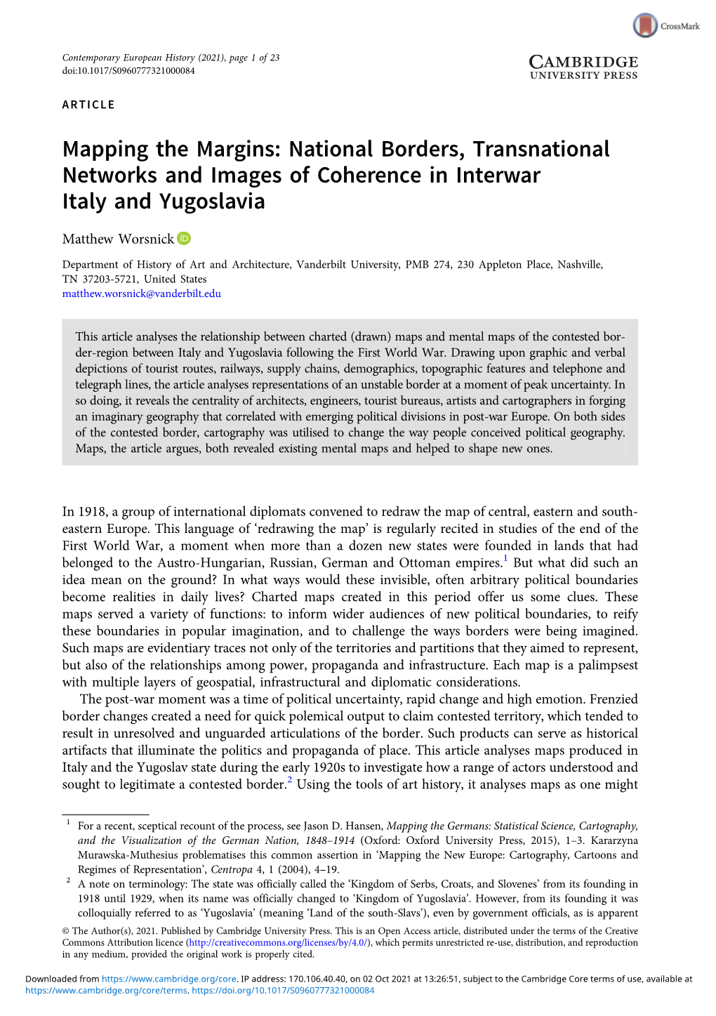 Mapping the Margins: National Borders, Transnational Networks and Images of Coherence in Interwar Italy and Yugoslavia