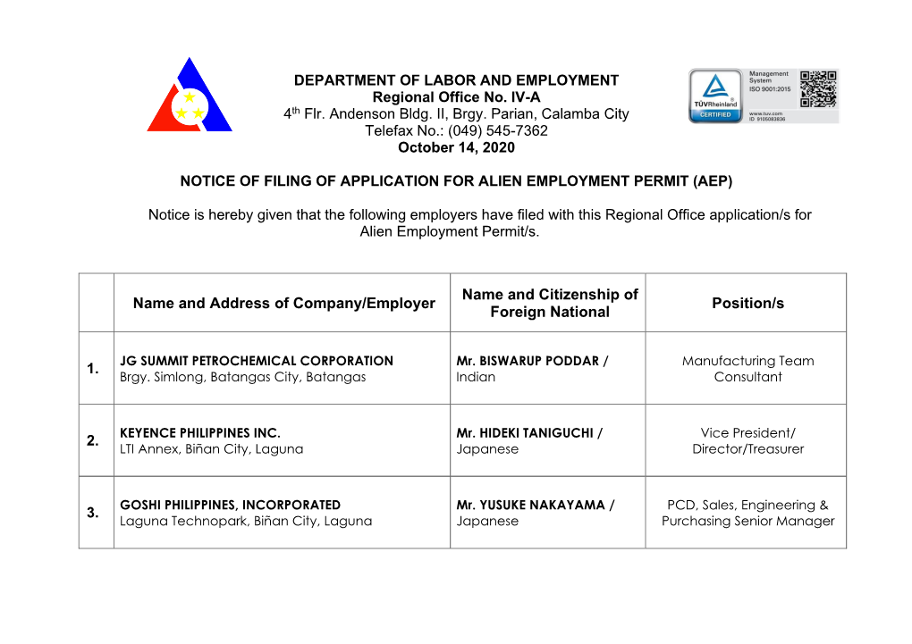 DEPARTMENT of LABOR and EMPLOYMENT Regional Office No