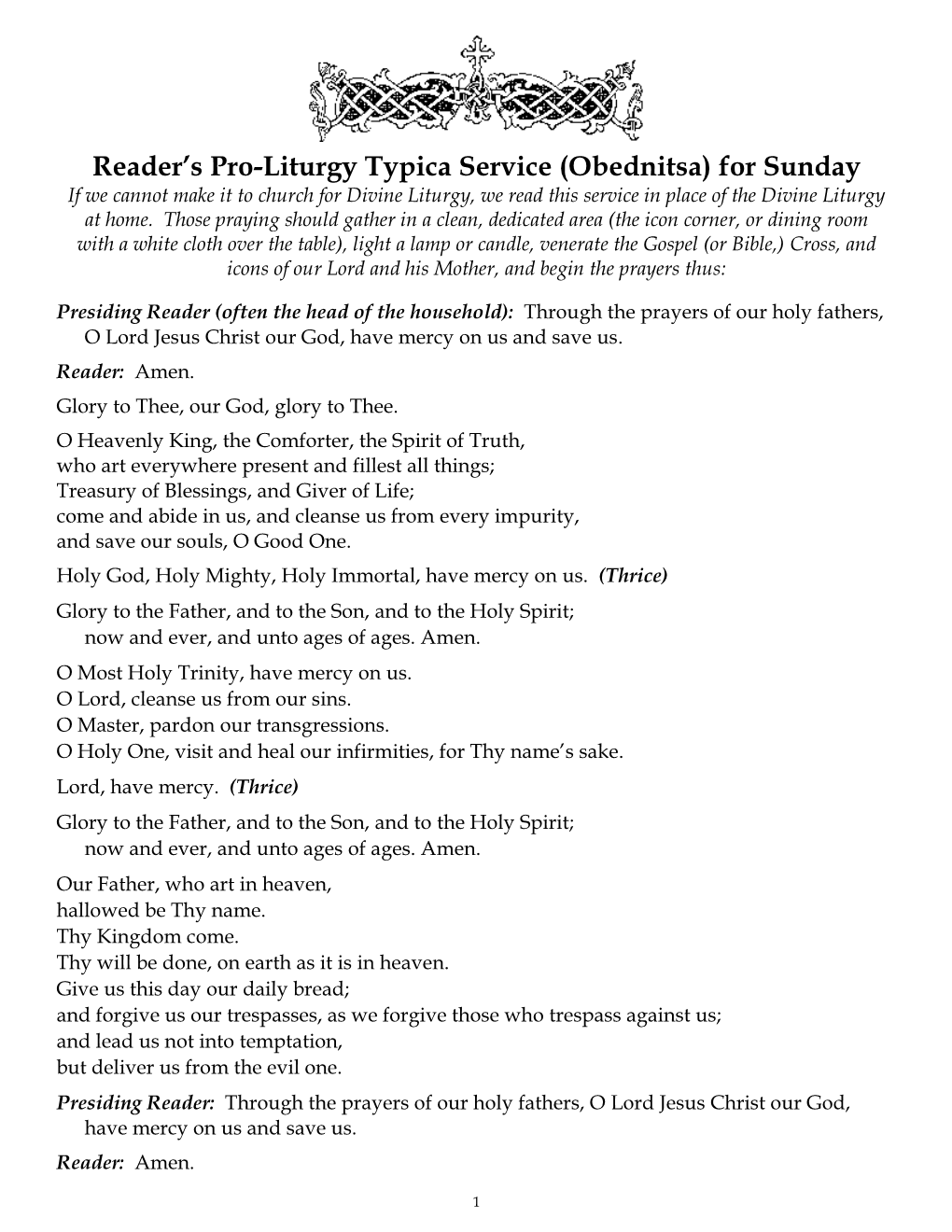 Reader's Pro-Liturgy Typica Service (Obednitsa) for Sunday