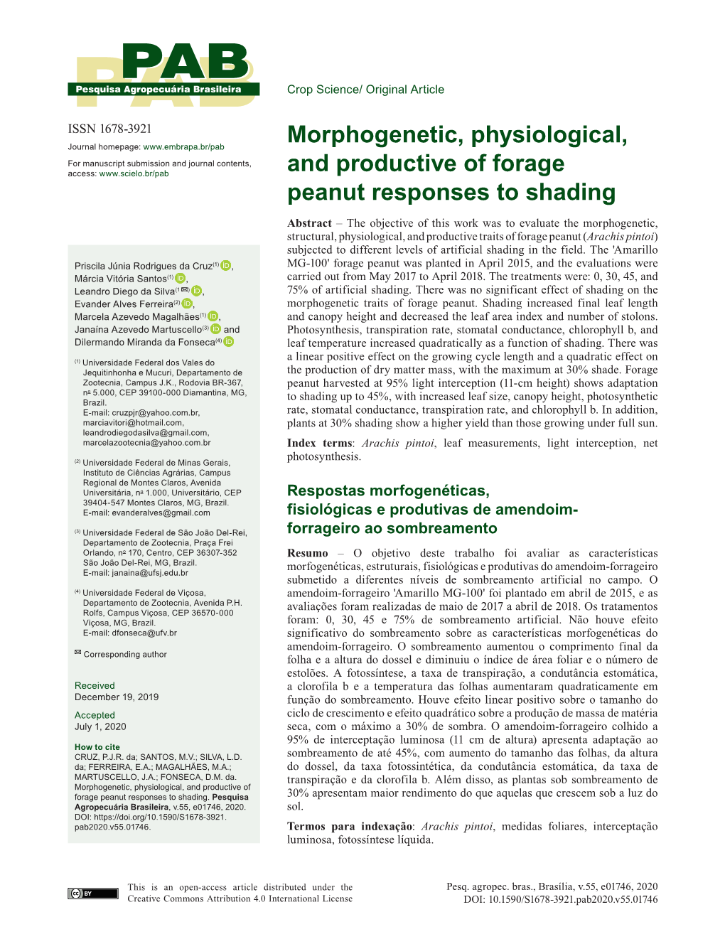 Morphogenetic, Physiological, and Productive of Forage Peanut Responses to Shading