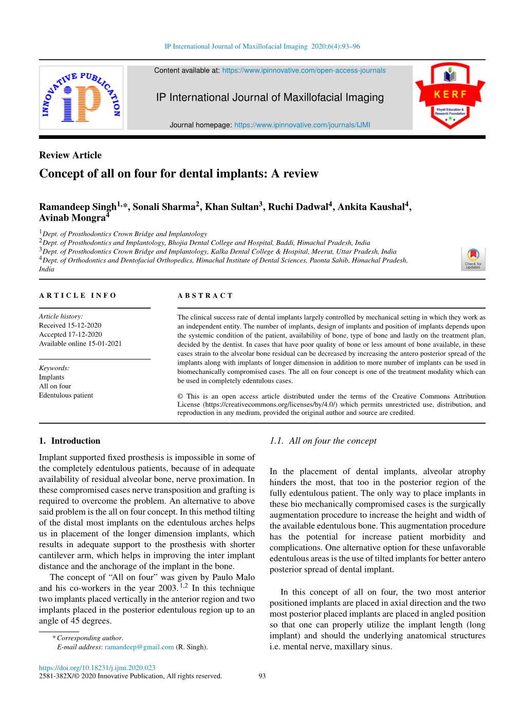 Concept of All on Four for Dental Implants: a Review