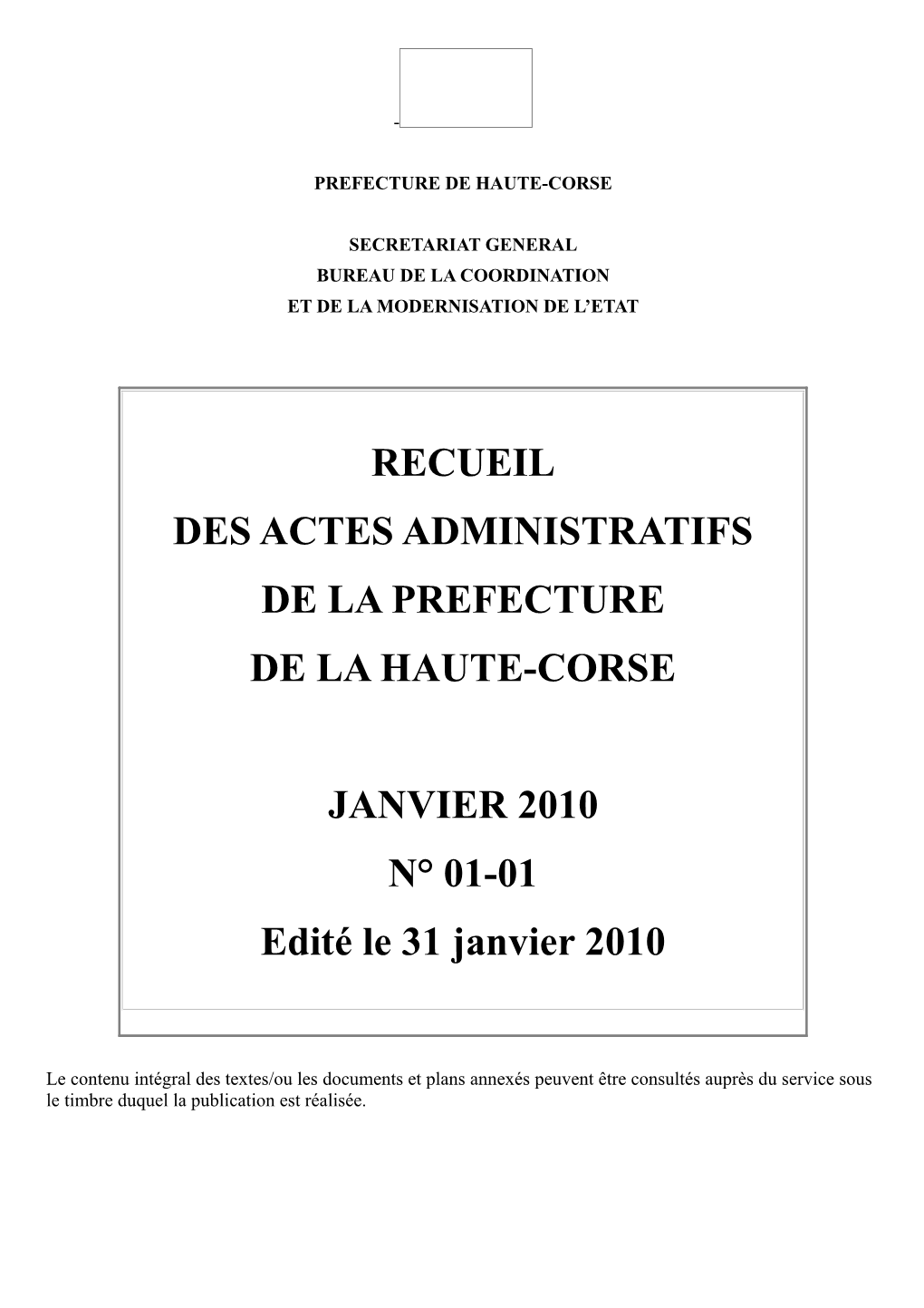 Recueil Des Actes Administratifs De La Prefecture De La Haute-Corse