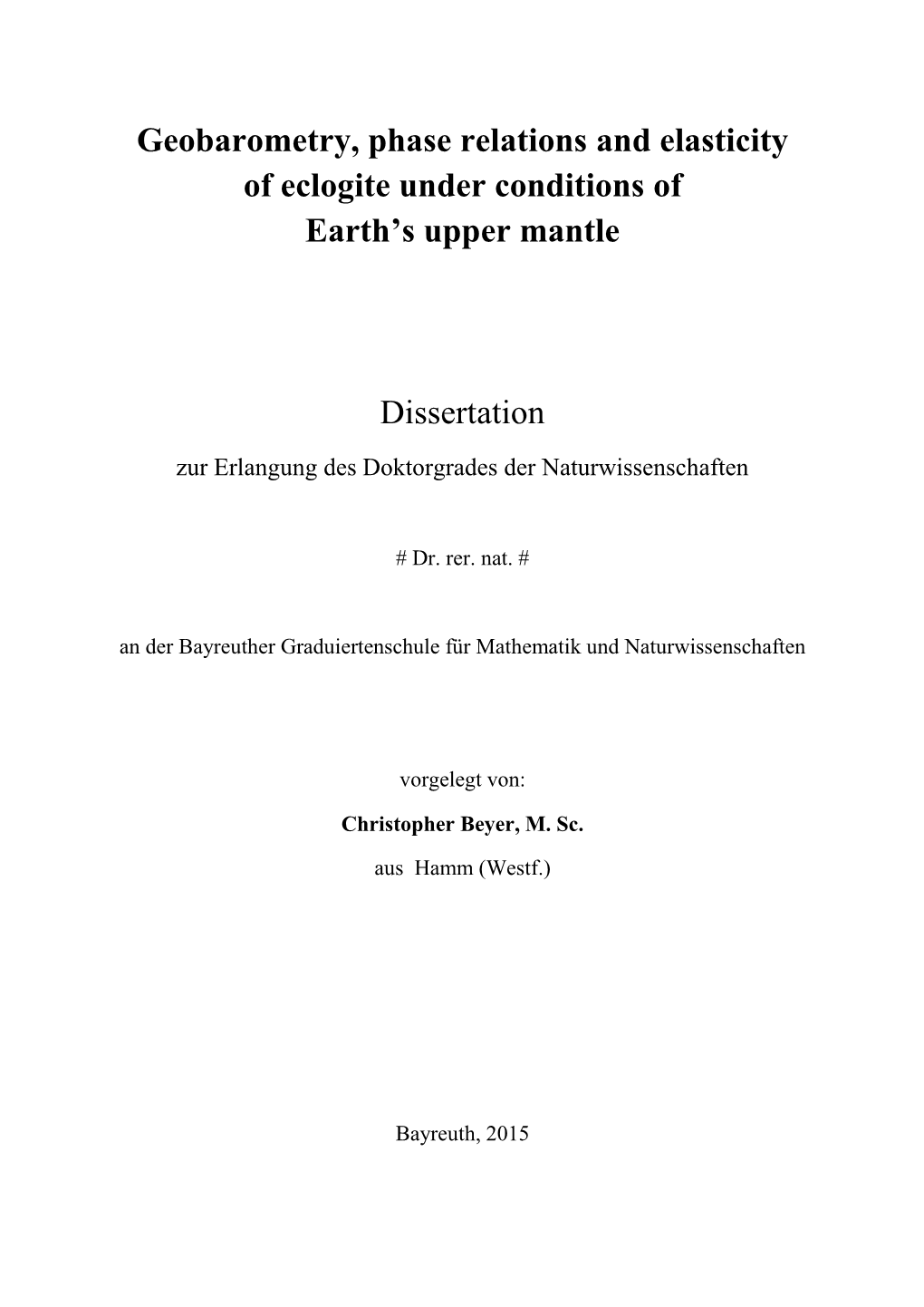 Geobarometry, Phase Relations and Elasticity of Eclogite Under Conditions of Earth’S Upper Mantle