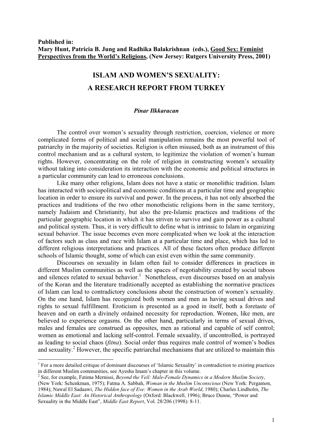 Islam and Women's Sexuality: a Research Report from Turkey
