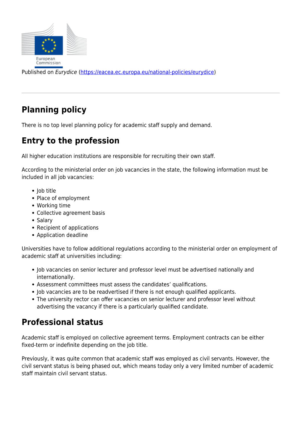 Conditions of Service for Academic Staff Working in Higher Education