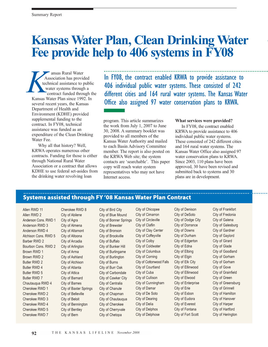 Kansas Water Plan, Clean Drinking Water Fee Provide Help to 406 Systems in FY08