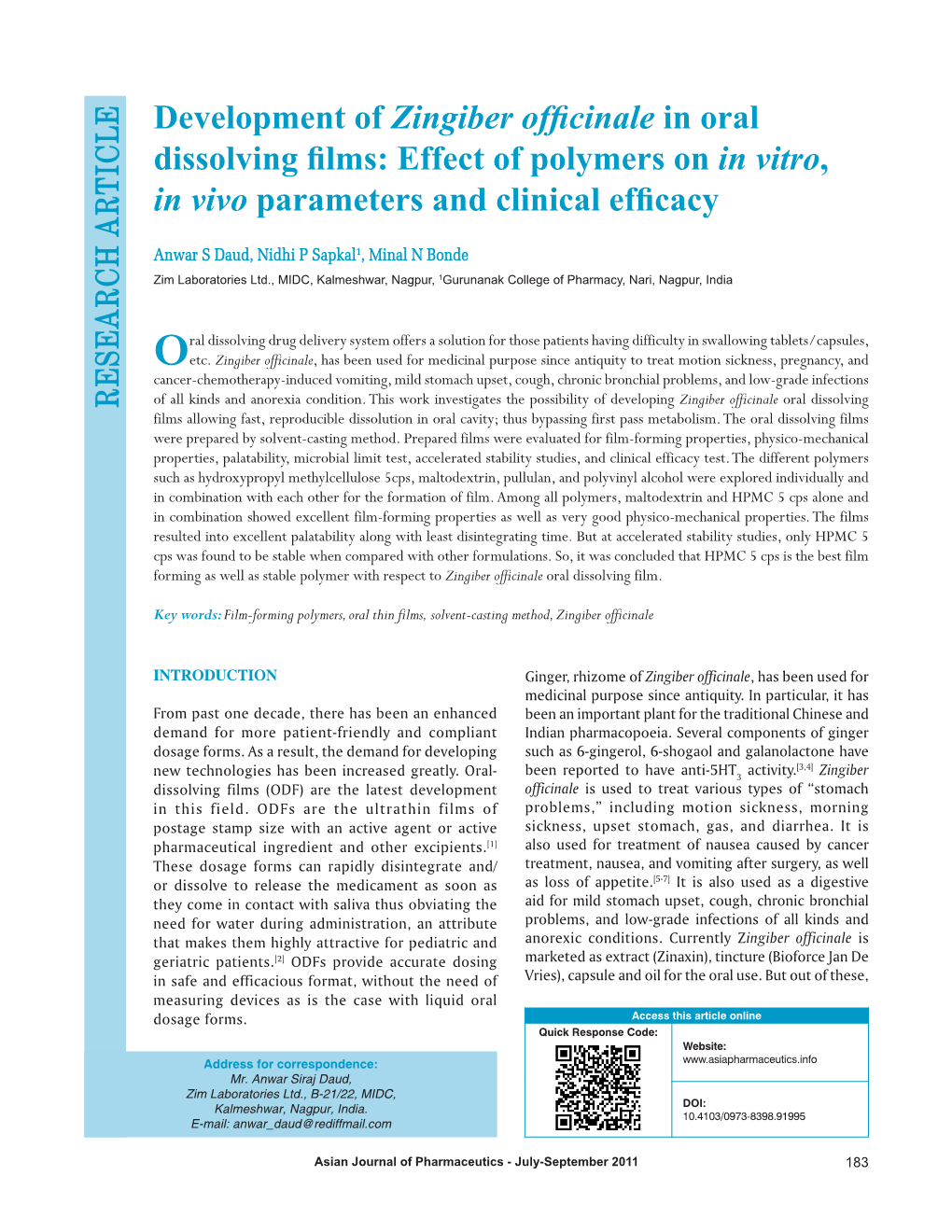 Development of Zingiber Officinale in Oral Dissolving Films: Effect Of