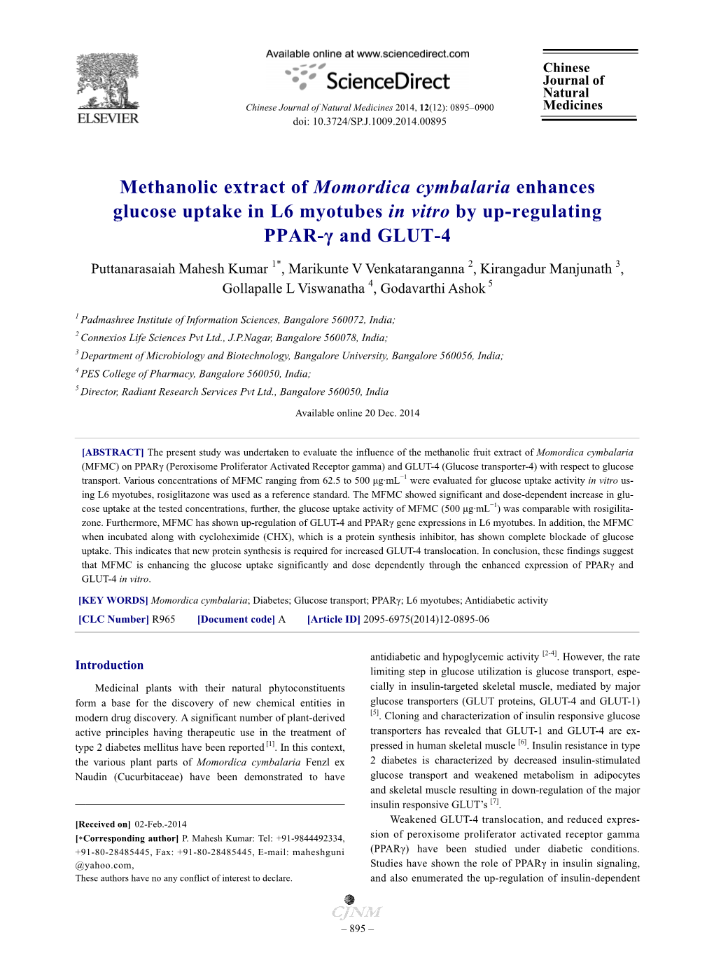 Methanolic Extract of Momordica Cymbalaria Enhances Glucose Uptake in L6 Myotubes in Vitro by Up-Regulating PPAR-Γ and GLUT-4