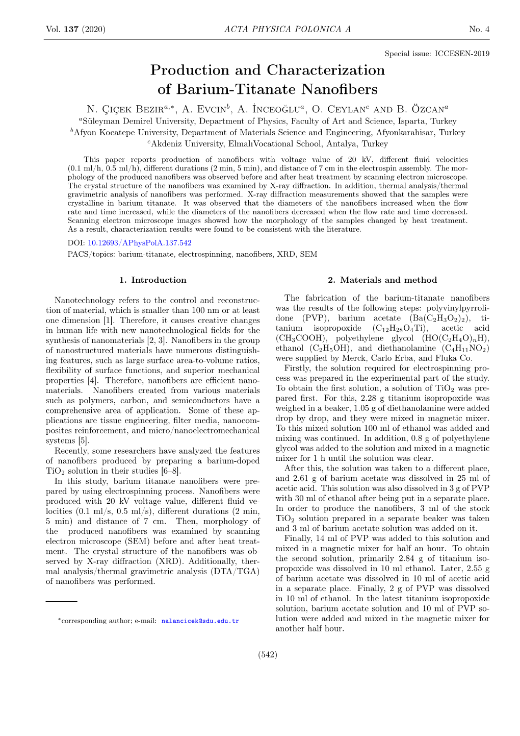 Production and Characterization of Barium-Titanate Nanofibers