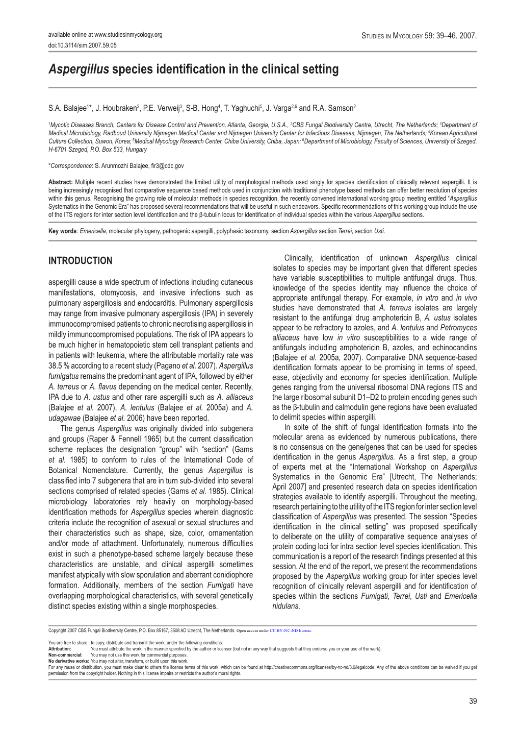 Aspergillus Species Identification in the Clinical Setting