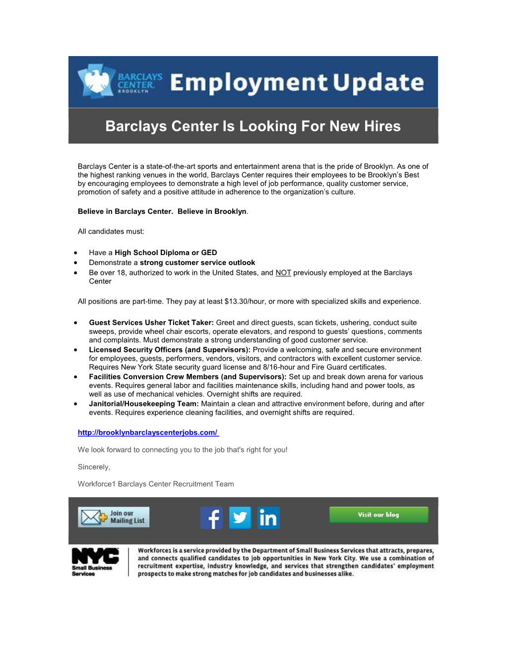 Barclays Center Is Looking for New Hires