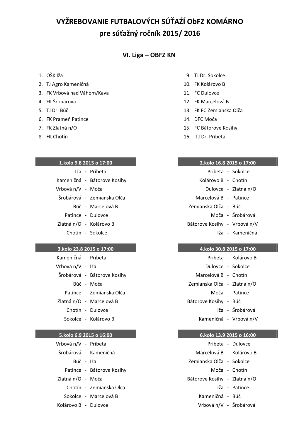 VYŽREBOVANIE FUTBALOVÝCH SÚŤAŹÍ Obfz KOMÁRNO Pre Súťažný Ročník 2015/ 2016