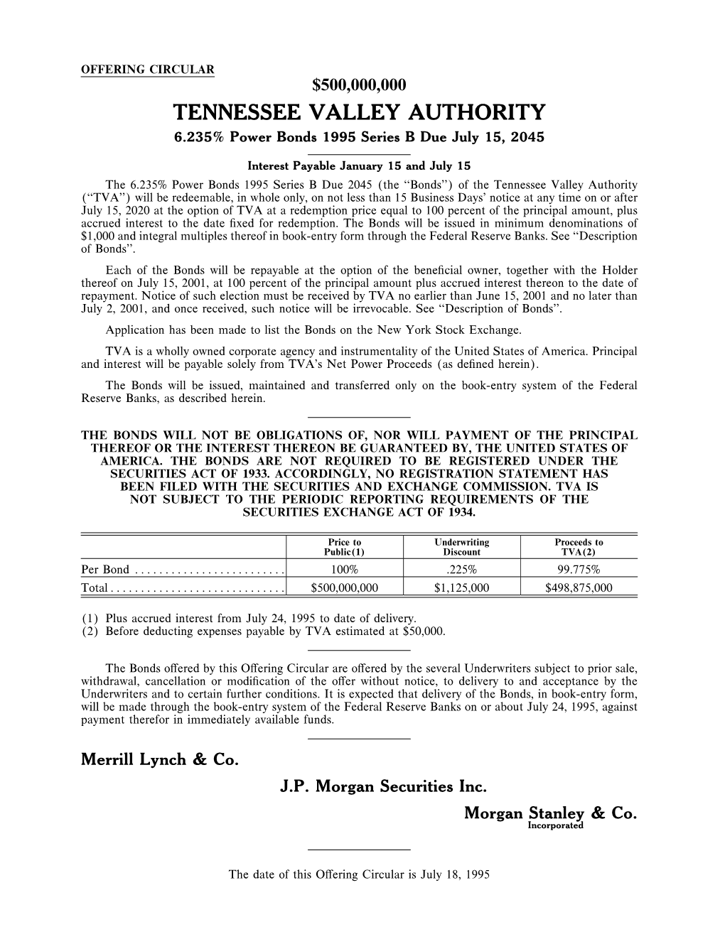 TENNESSEE VALLEY AUTHORITY 6.235% Power Bonds 1995 Series B Due July 15, 2045