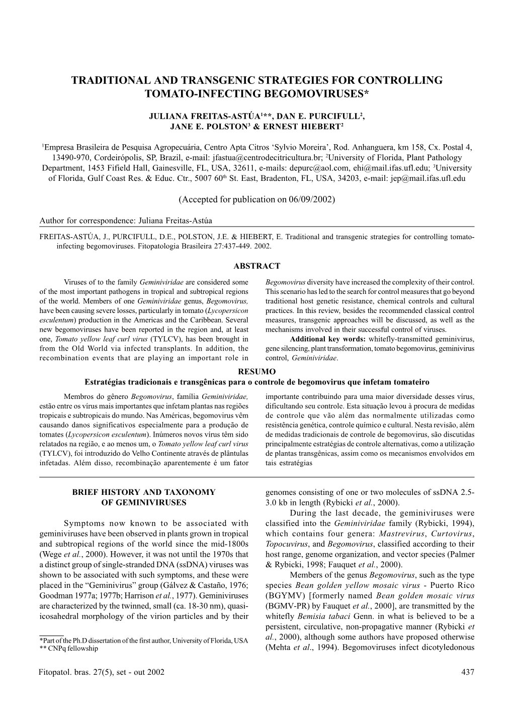 Traditional and Transgenic Strategies for Controlling Tomato-Infecting Begomoviruses*