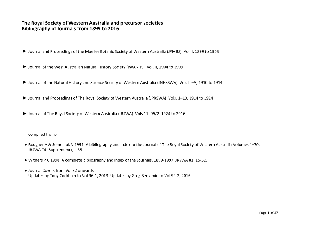 RSWA Bibliography of Journals 1899 to 2016.Pdf