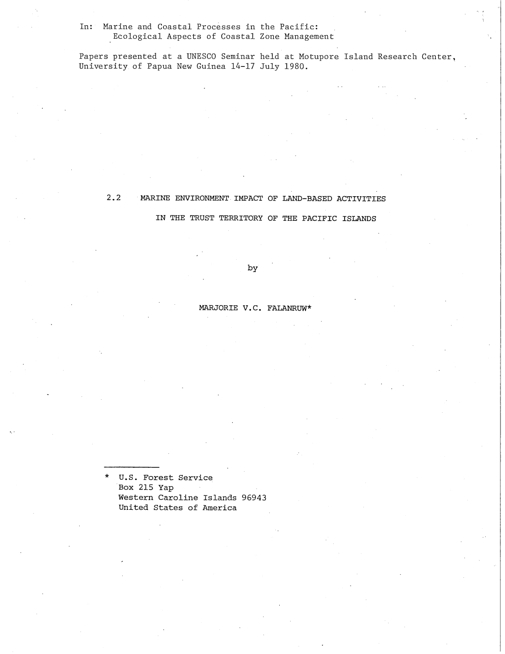 In: Marine and Coastal Processes in the Pacific: Ecological Aspects of Coastal Zone Management