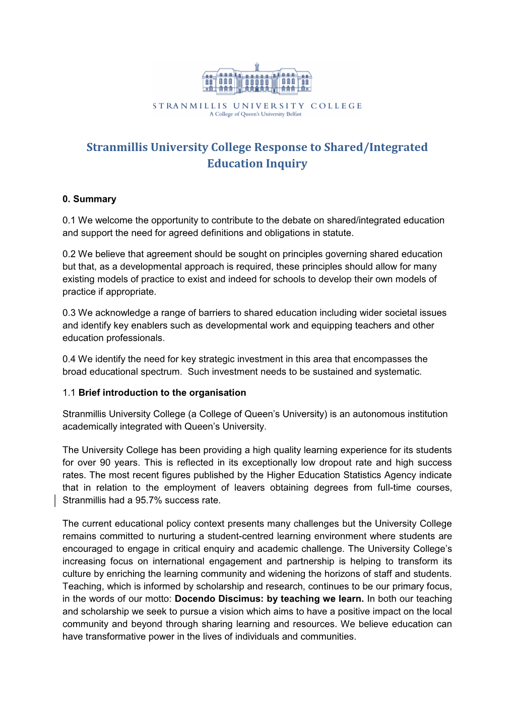 Stranmillis University College Response to Shared/Integrated Education Inquiry