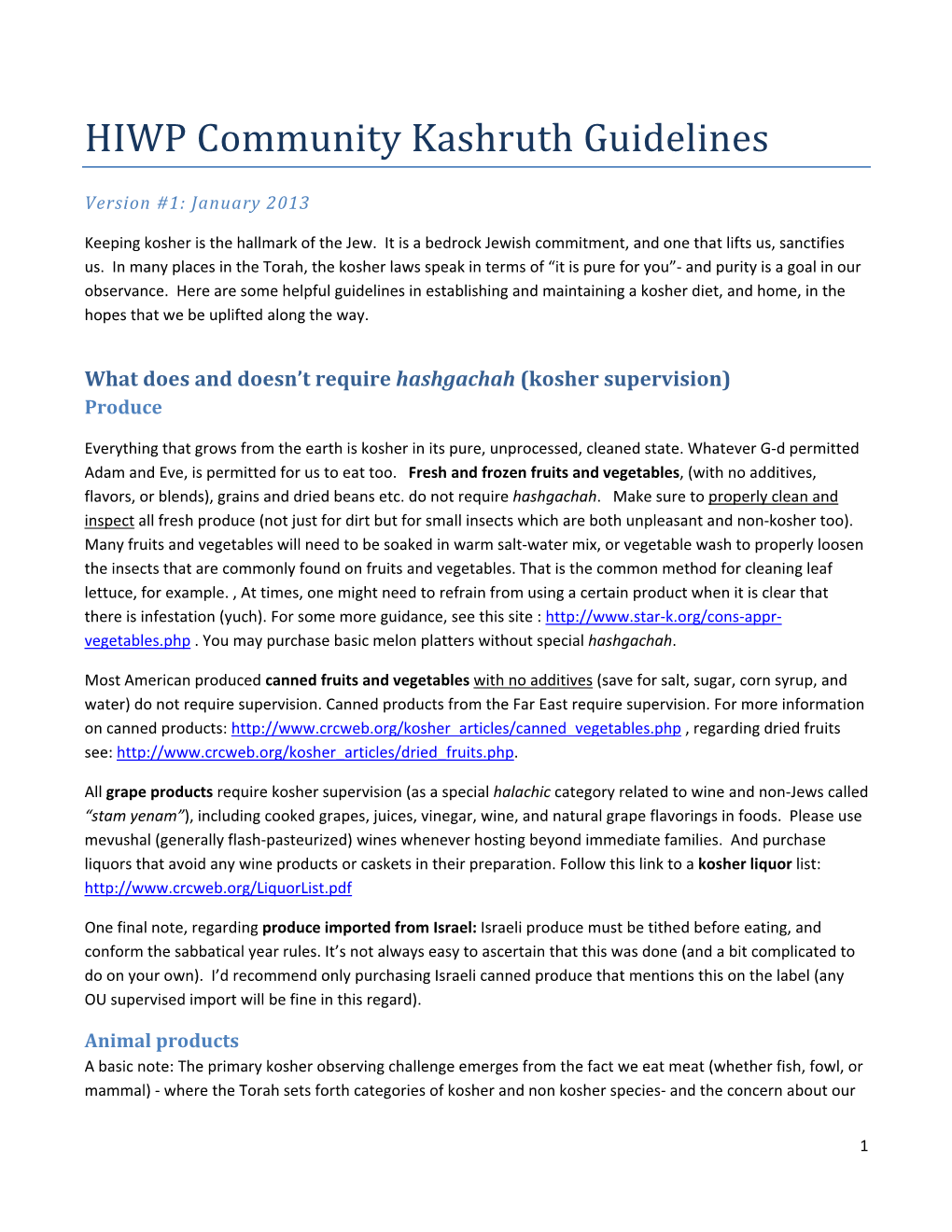 HIWP Community Kashruth Guidelines